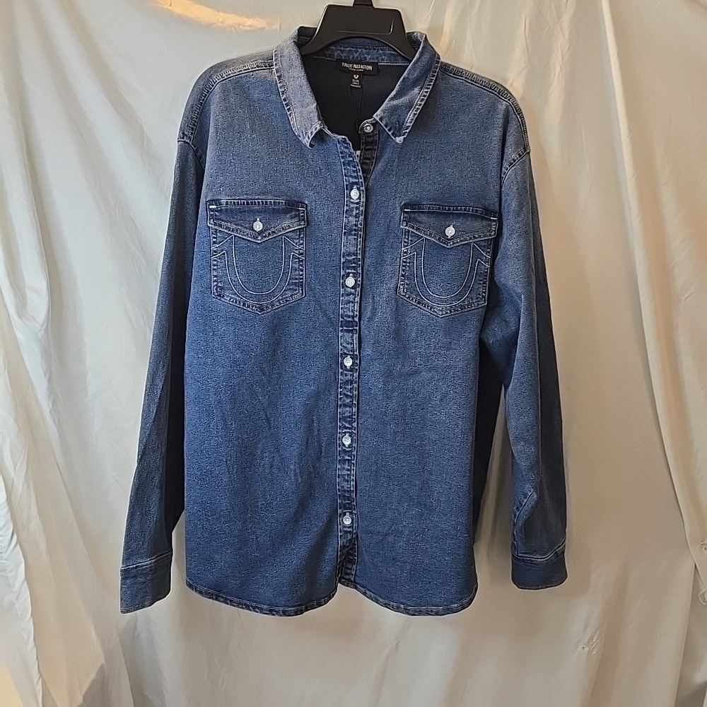True Religion Oversized Denim Crystal Logo Long Sleeve Button-up Shirt Sz XL‎